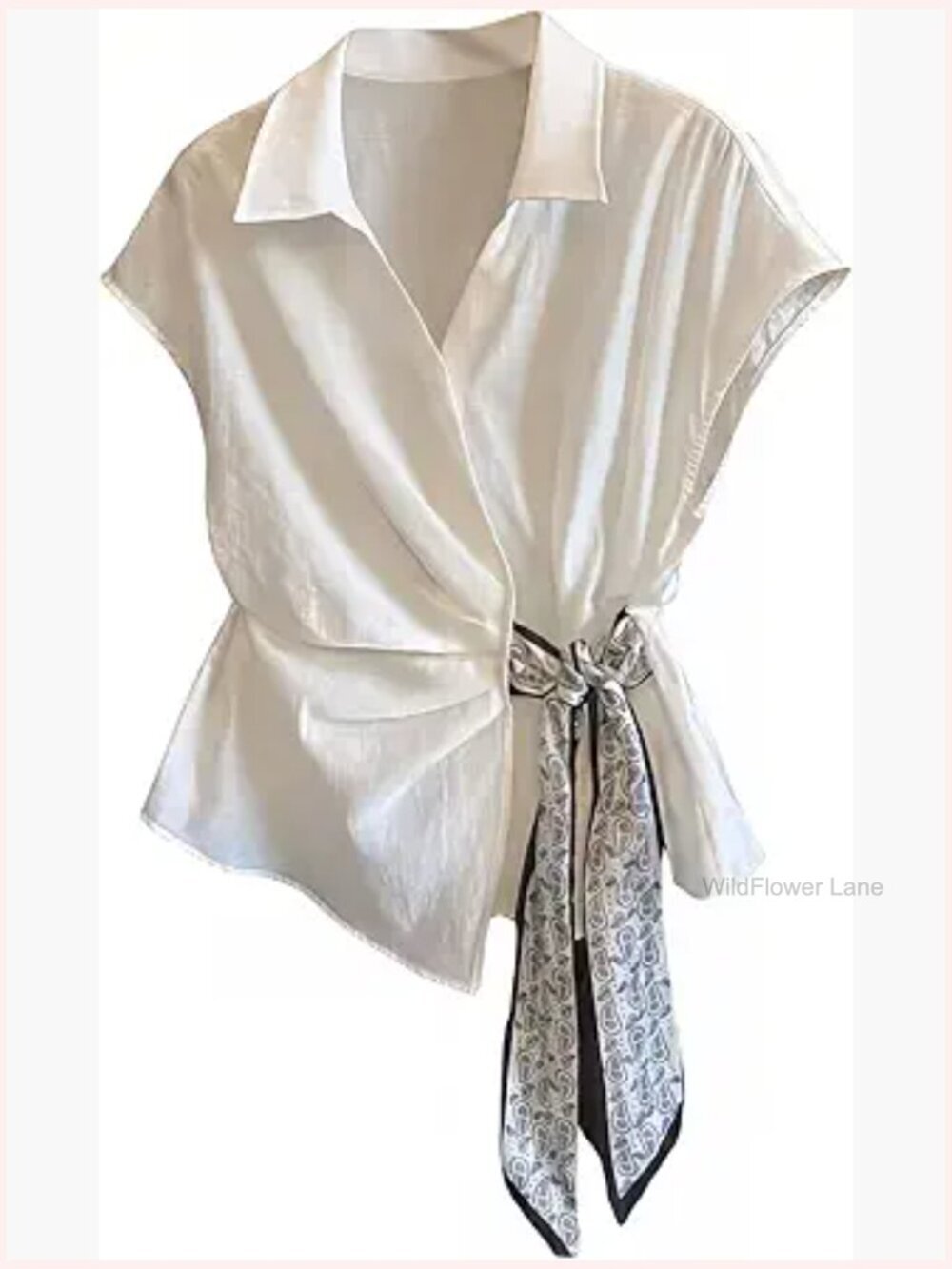 Paisley Tie Knot Wrap Top Cinched Waist Blouse Summer Collared Shirt Dressy